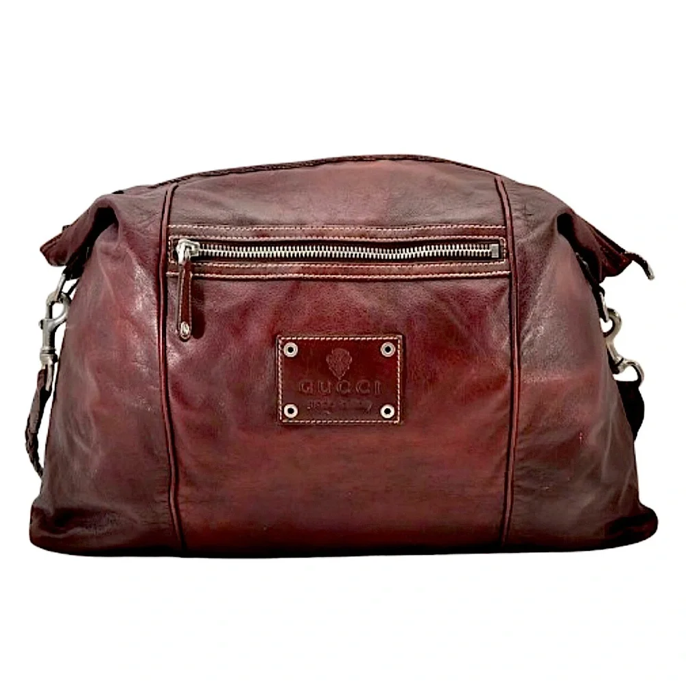 GUCCI Leather Top Zip Overnight Travel Laptop Work Messenger Bag w Woven Strap